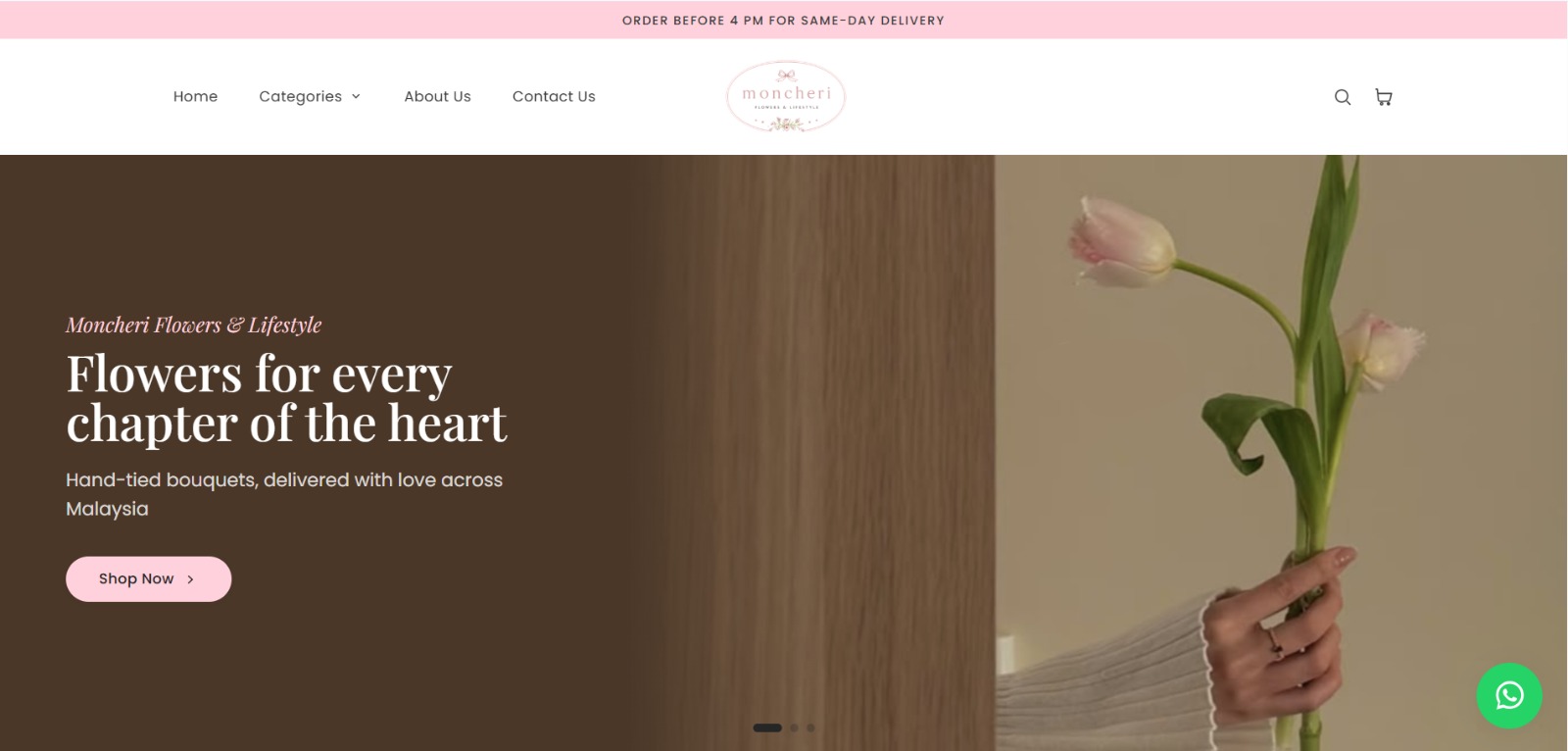 Screenshot of the Moncheri online flower shop storefront and bouquet catalogue