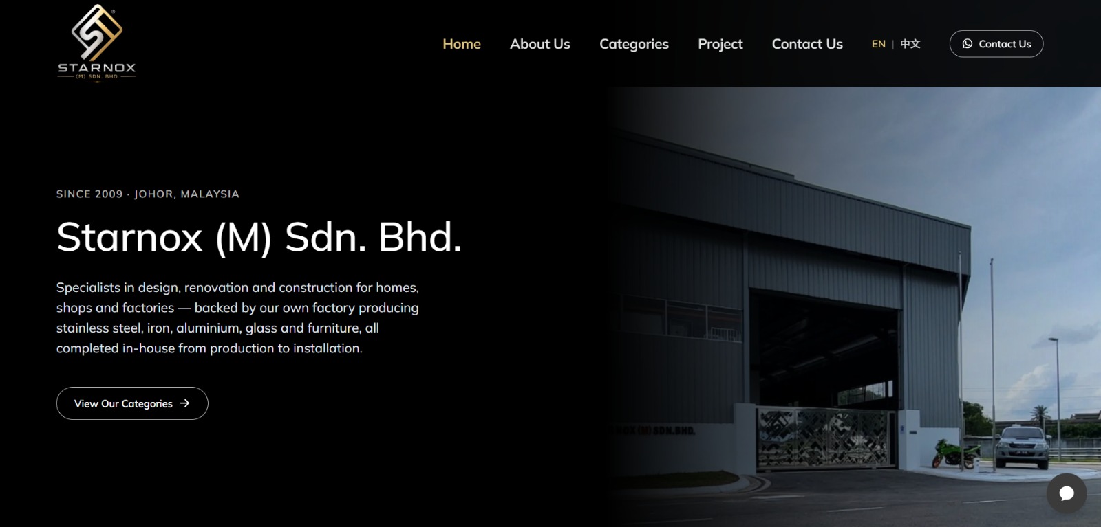 Screenshot of the Starnox website homepage for a Johor-based renovation and fabrication company