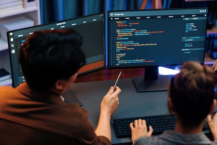 Two developers reviewing code together on dual monitors