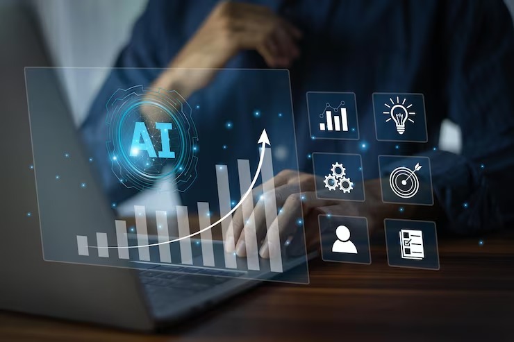 Laptop screen showing an AI icon and a rising automation growth chart